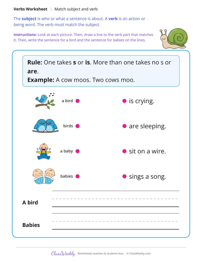 Match the Subject to the Verb, Picture Sentences