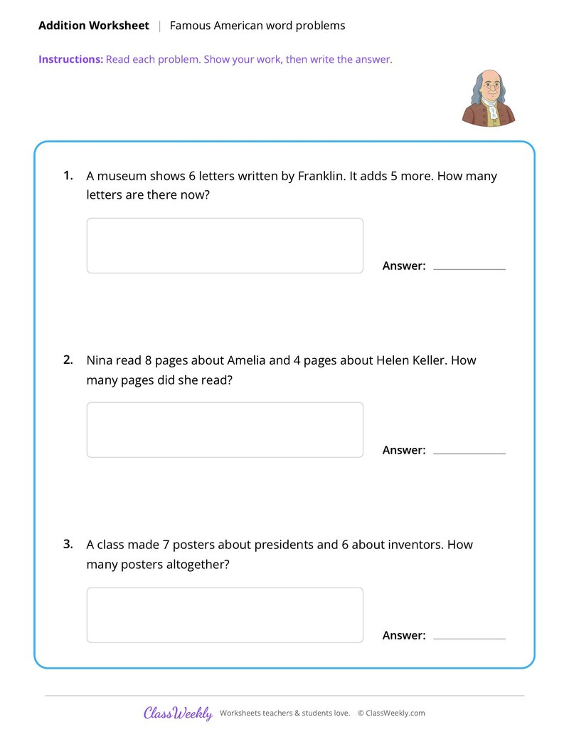 Addition Word Problems - Famous Americans - Page 1