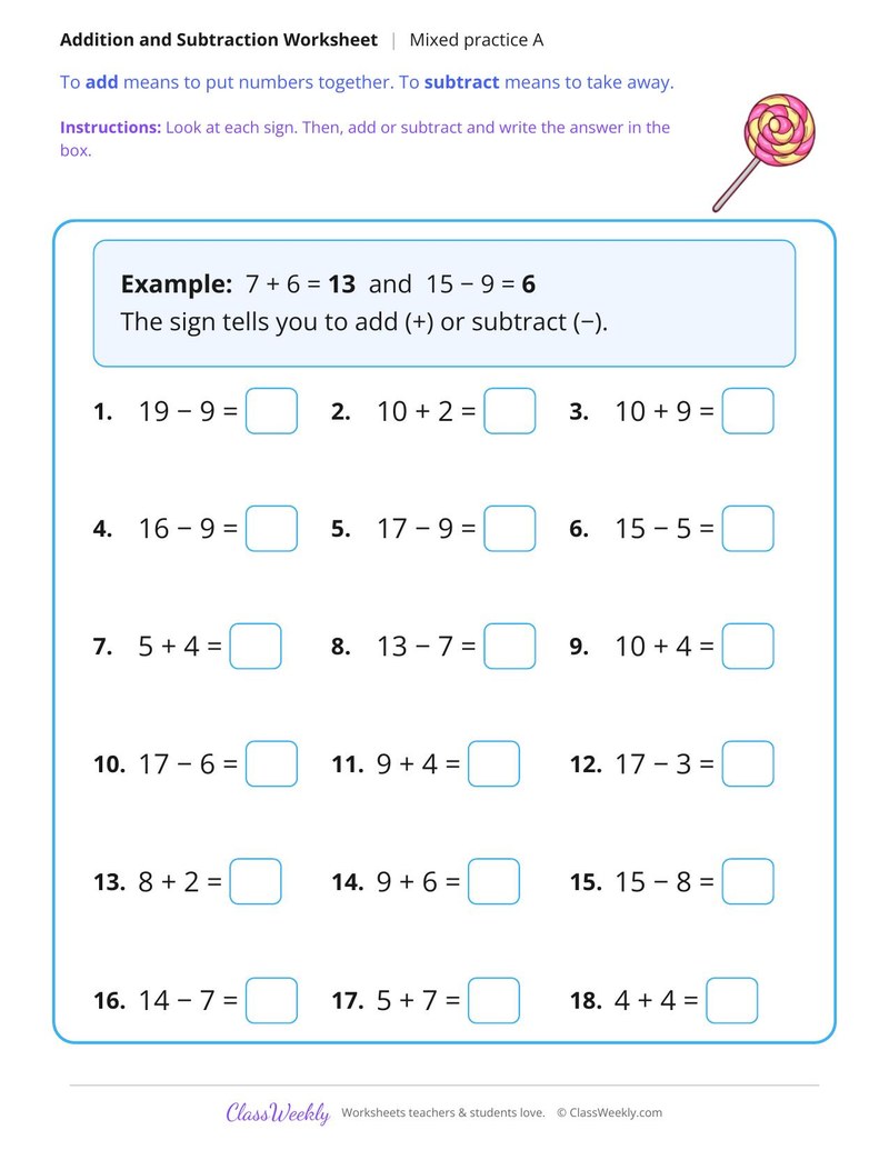 Add and Subtract Within 20, Mixed A