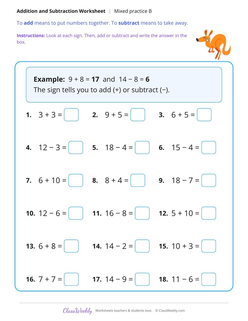Add and Subtract Within 20, Mixed B