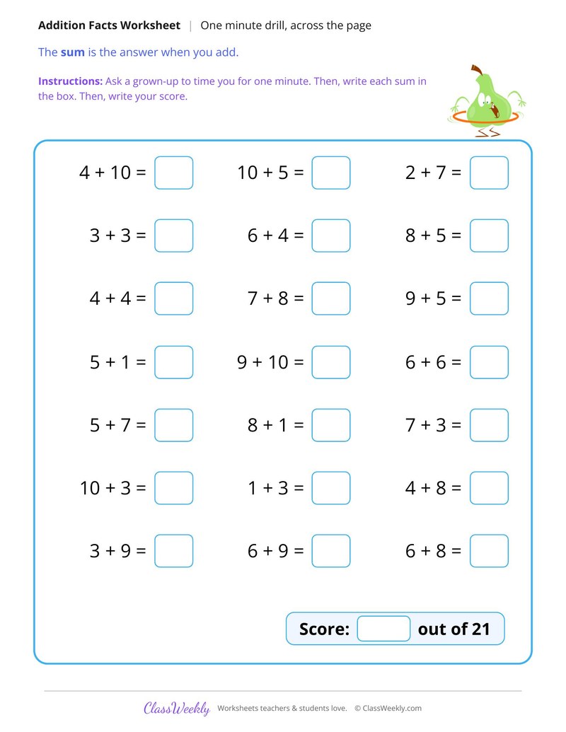 One Minute Horizontal Addition Drill to 20