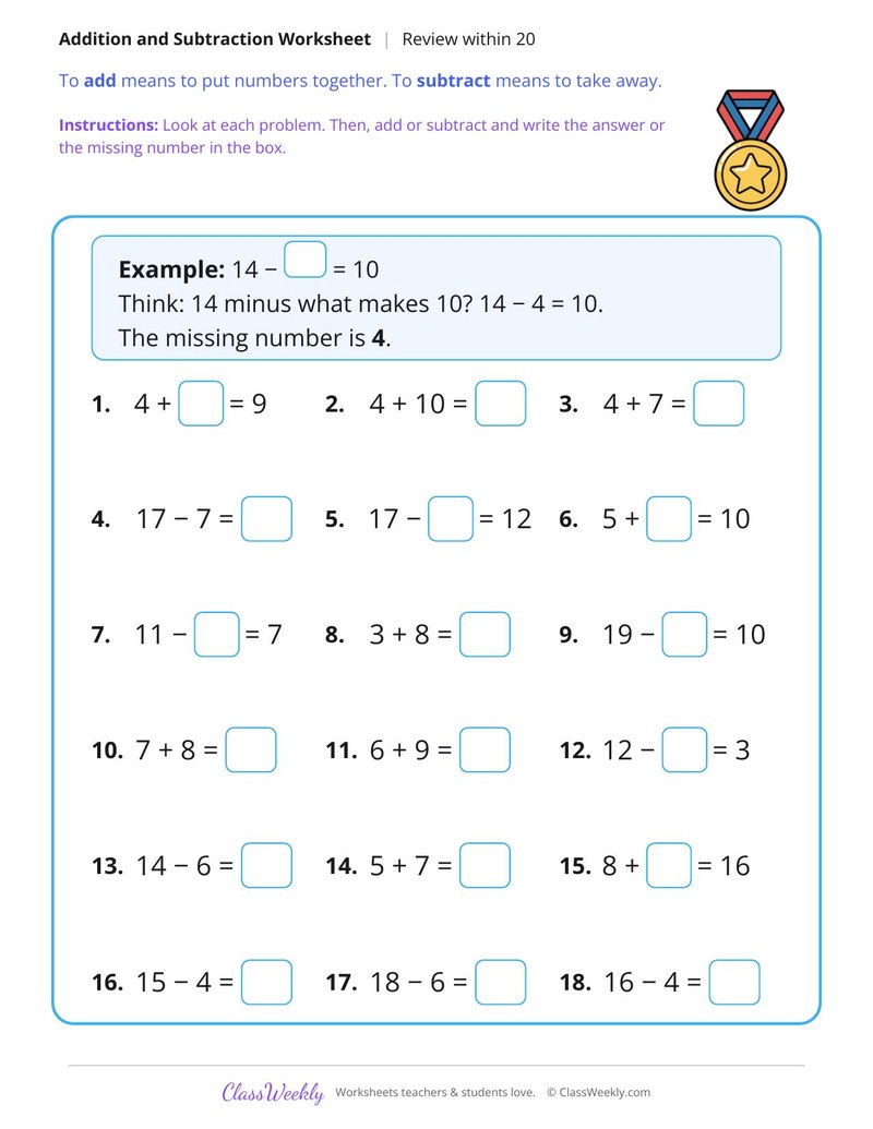 Math Facts Within 20 Review