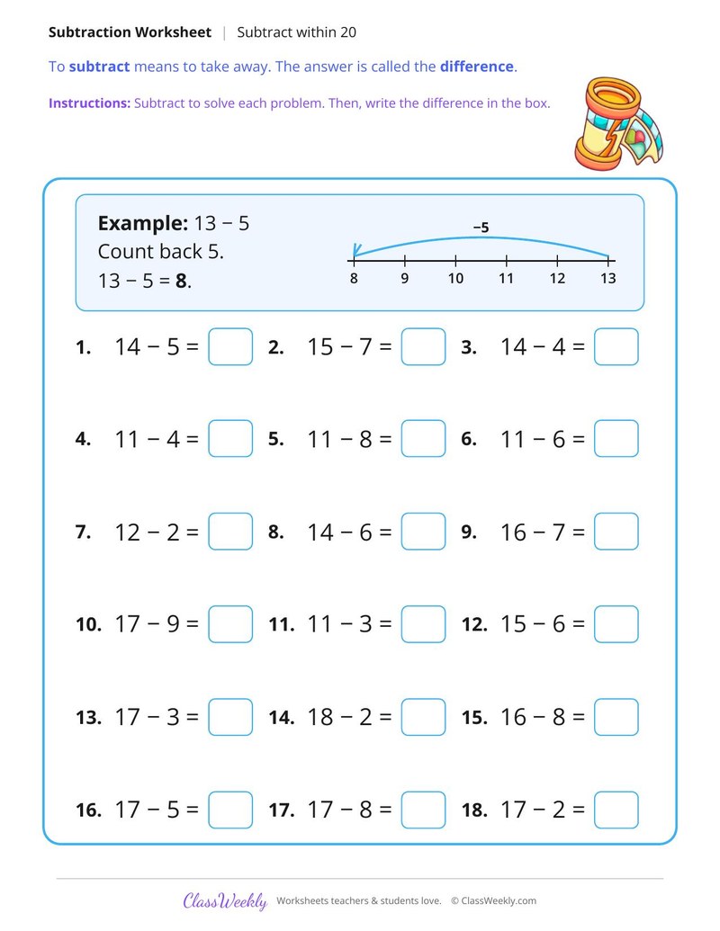 Subtract Within 20, Fluency Practice