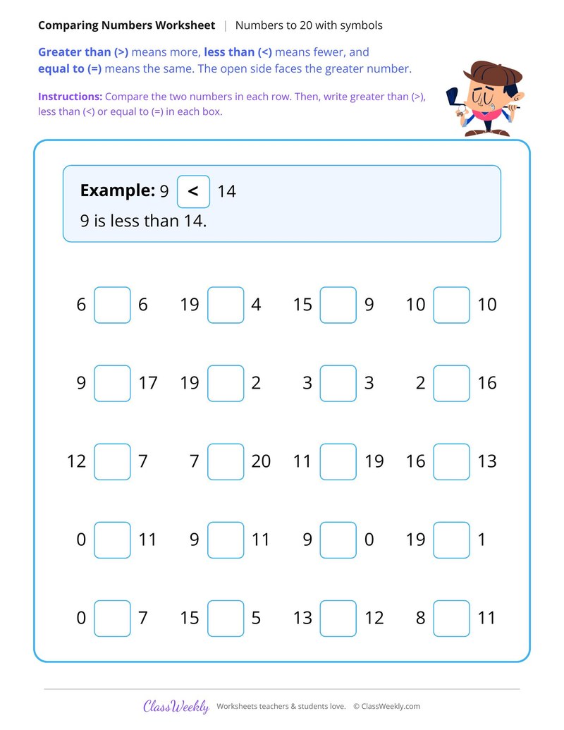 Compare Numbers to 20 with Symbols