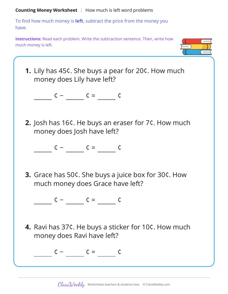 Money Word Problems How Much Is Left