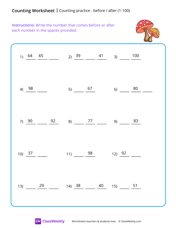What comes before or after (1-100) - Mushroom