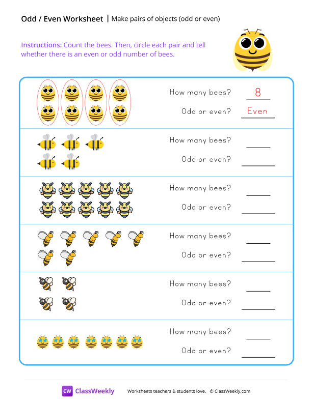 Make Pairs of Objects (odd or even) - Happy Bee