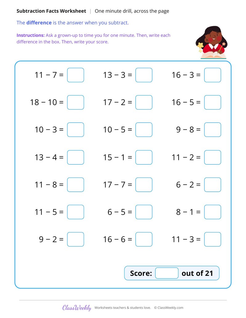 One Minute Horizontal Subtraction Drill to 20