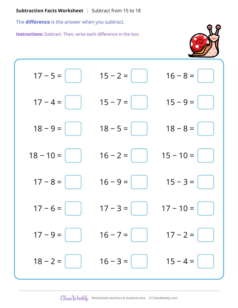 Subtract From 15 to 18