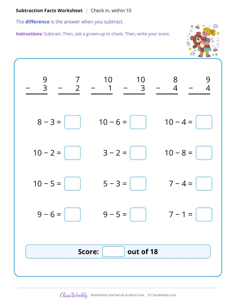 Subtraction Facts Check In Within 10