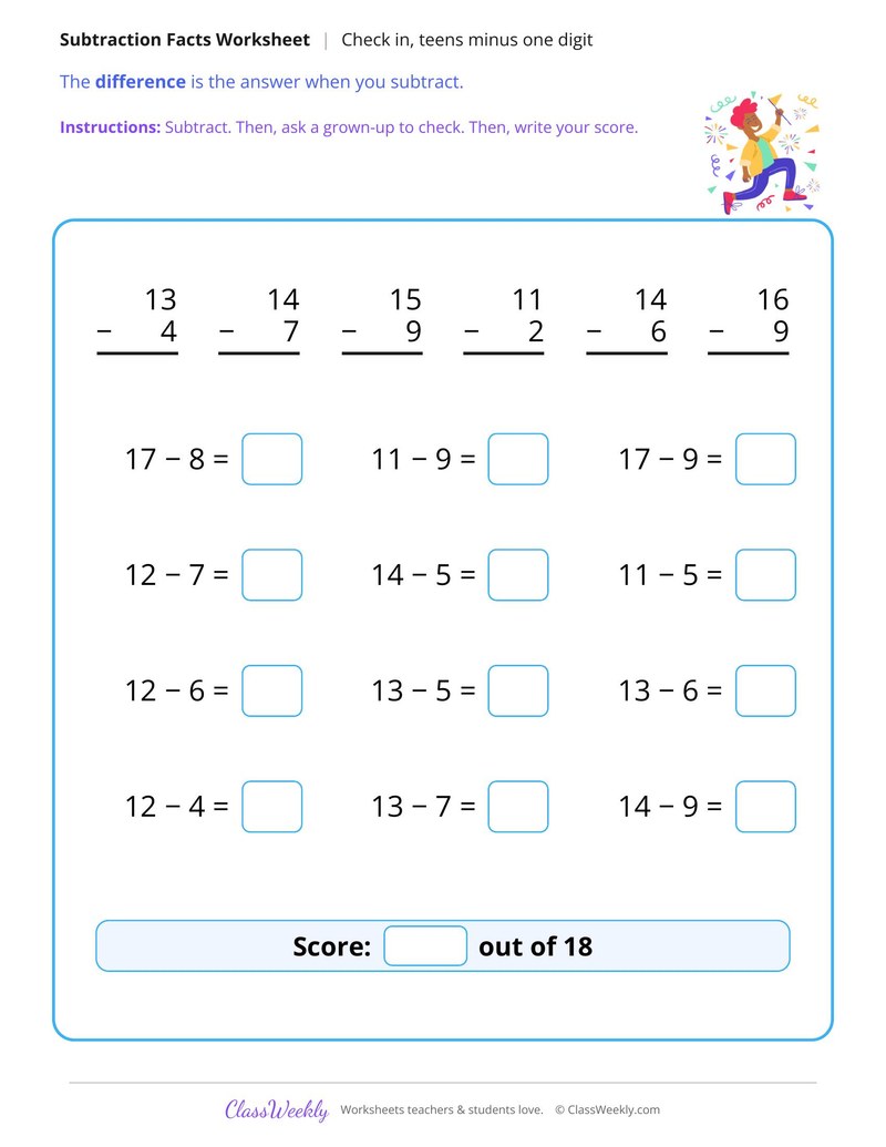 Subtraction Facts Check In Within 20