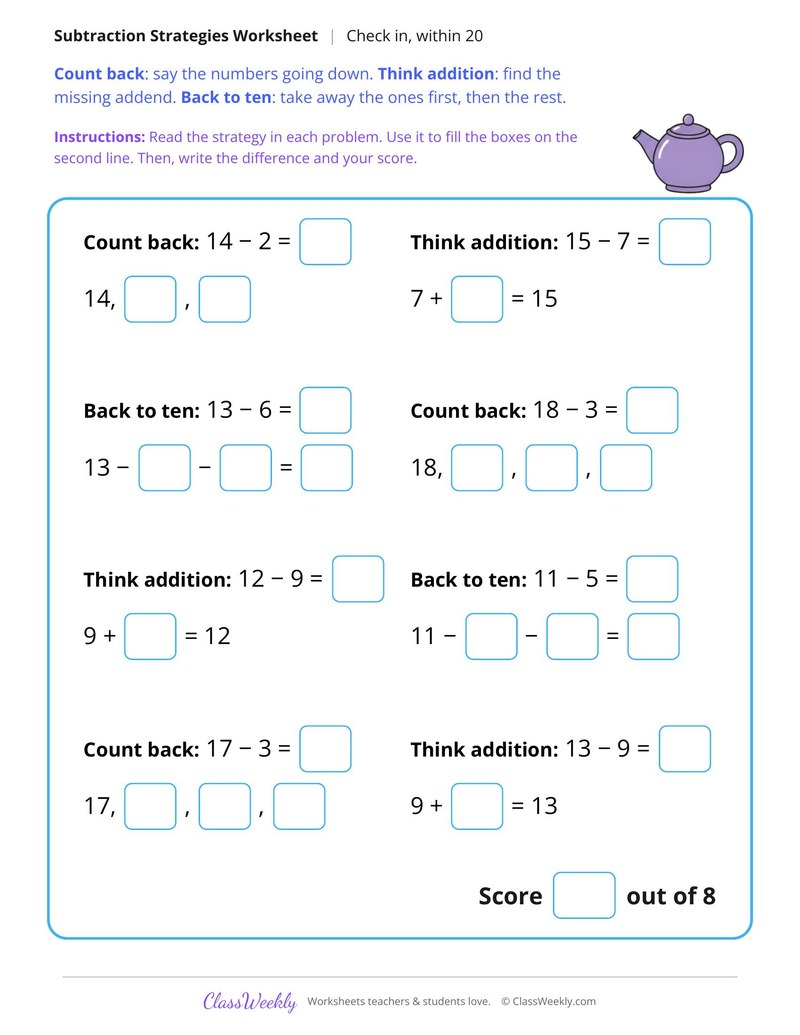Subtraction Strategy Check In Within 20