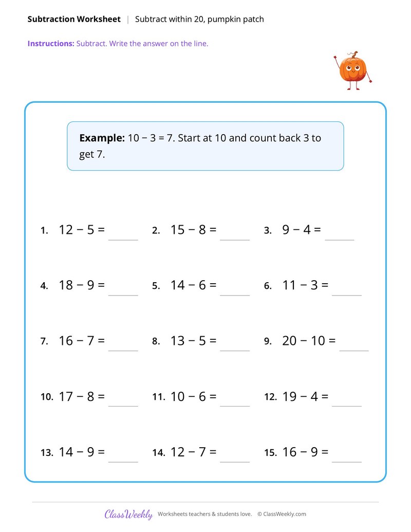 Subtraction, within 20 - Thanksgiving