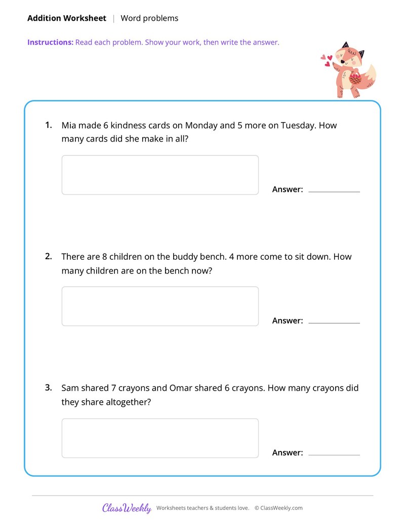 Addition Word Problems - Friendship & Kindness