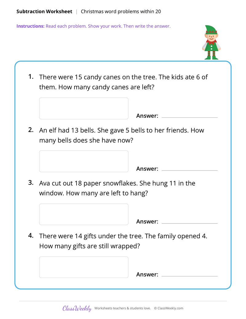 Subtraction, word problems - Christmas