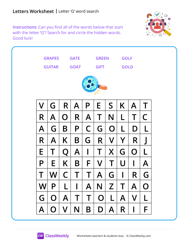 Letter G word search