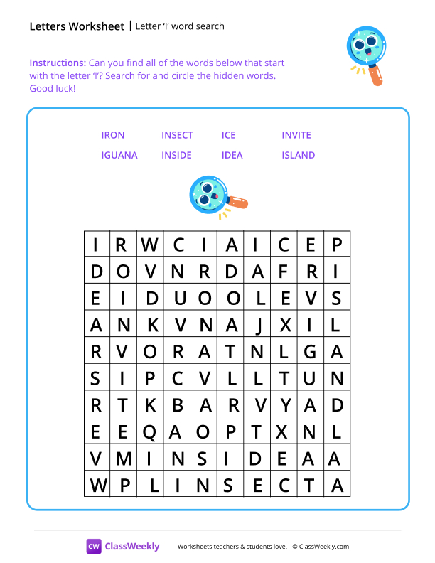 Letter I word search - Happy Search