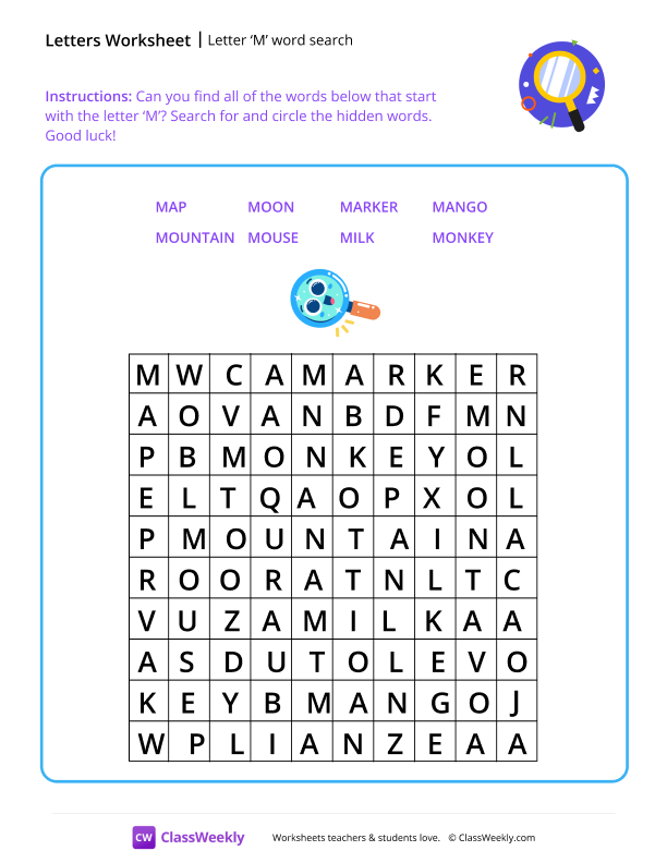 Letter M word search - Big Magnifying Glass