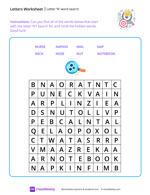 Letter N word search - Bullseye