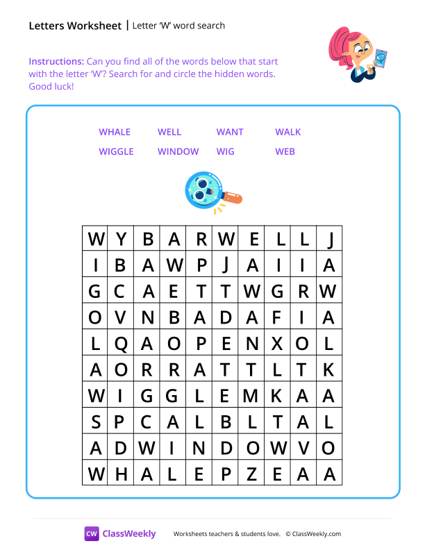 Letter W word search - Typing