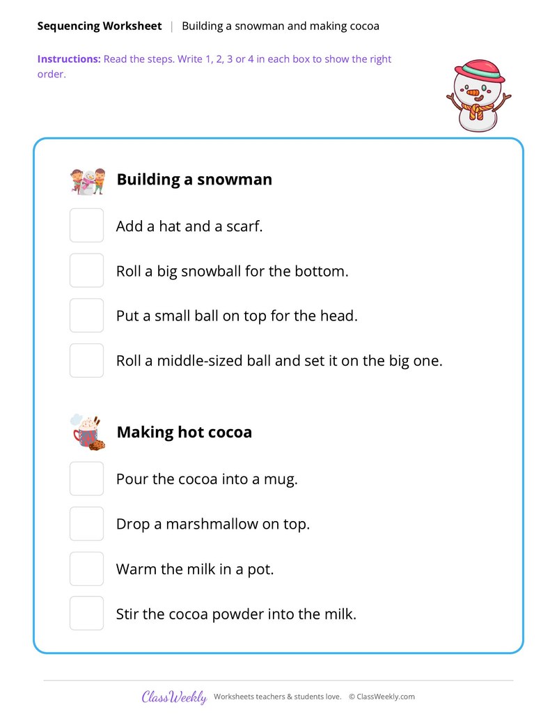 Sequencing, building a snowman - Christmas