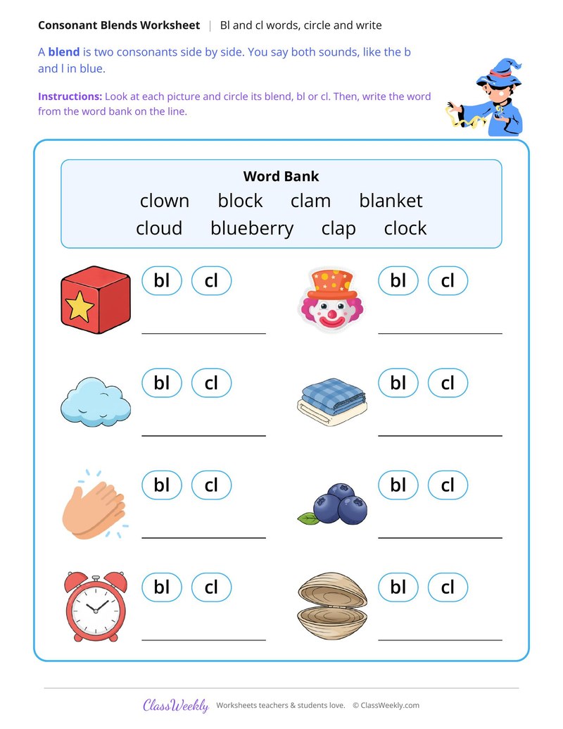 Bl and Cl Words, Circle and Write