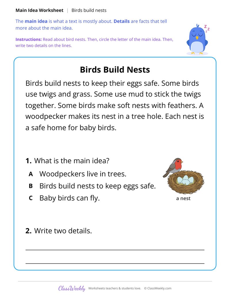 Birds Build Nests (Main Idea)