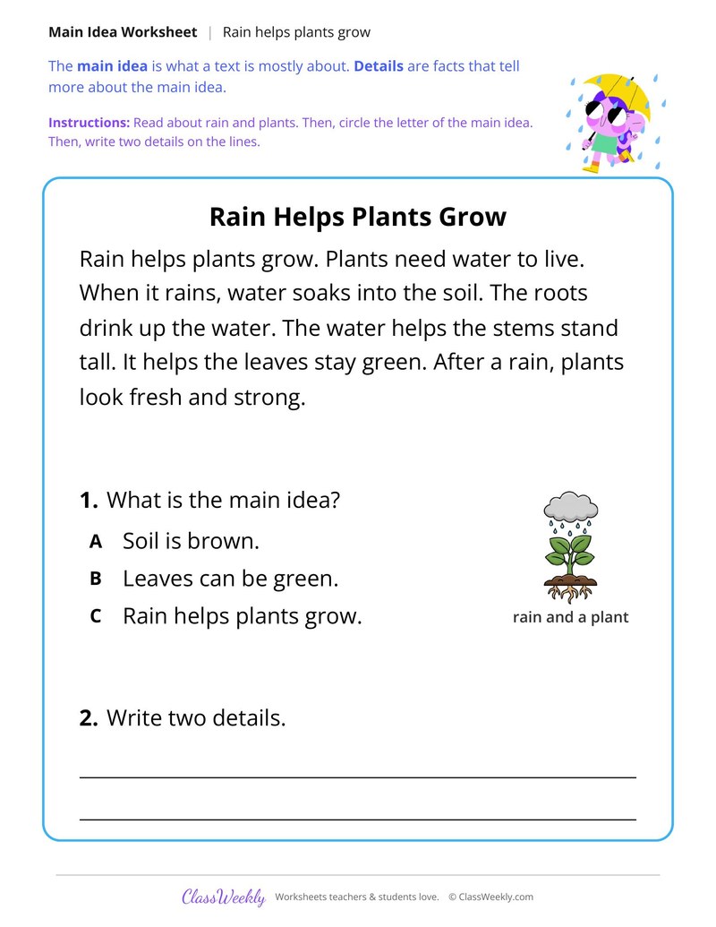 Rain Helps Plants Grow (Main Idea)