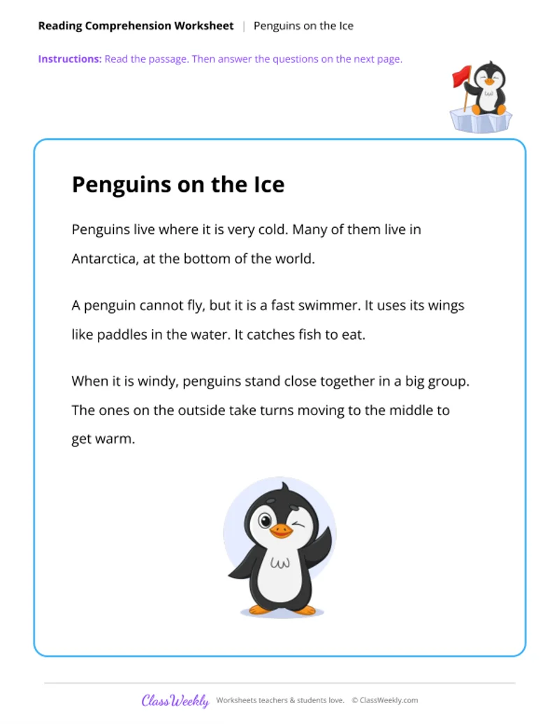 Reading Comprehension - Penguins on the Ice - Page 1