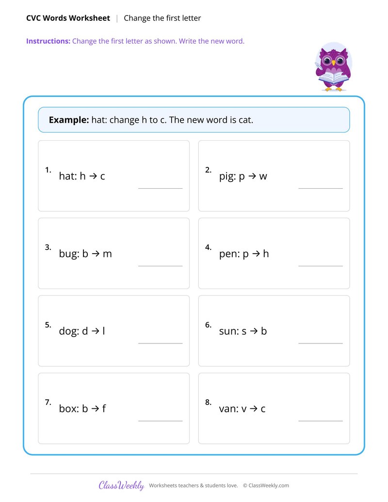 Change one letter to make a new CVC word
