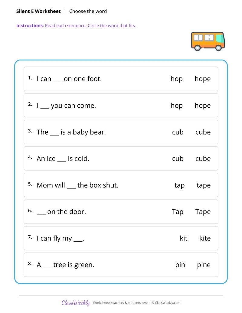 Choose the short vowel or silent e word