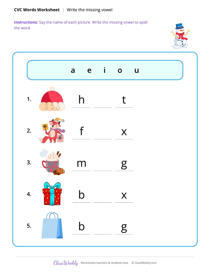 CVC words, missing vowel - Christmas