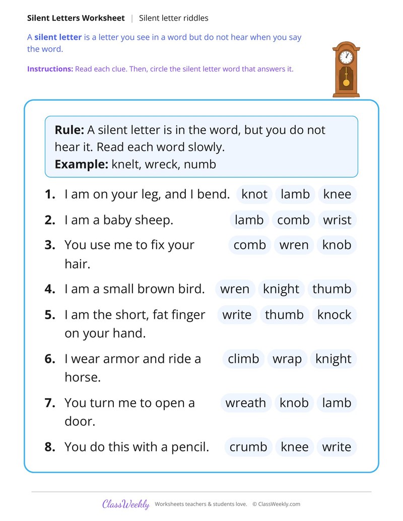Read the Clue and Circle the Silent Letter Word