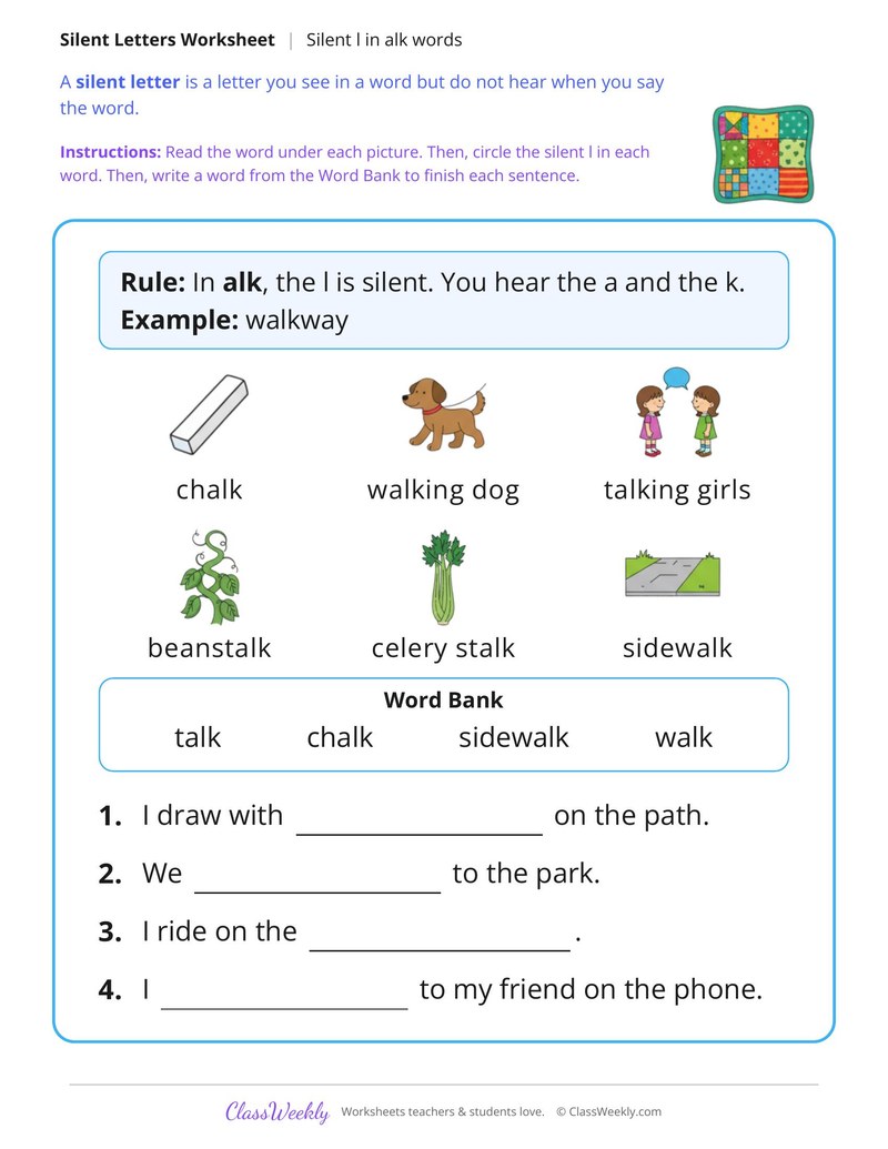 Silent L in Walk, Talk and Chalk Words