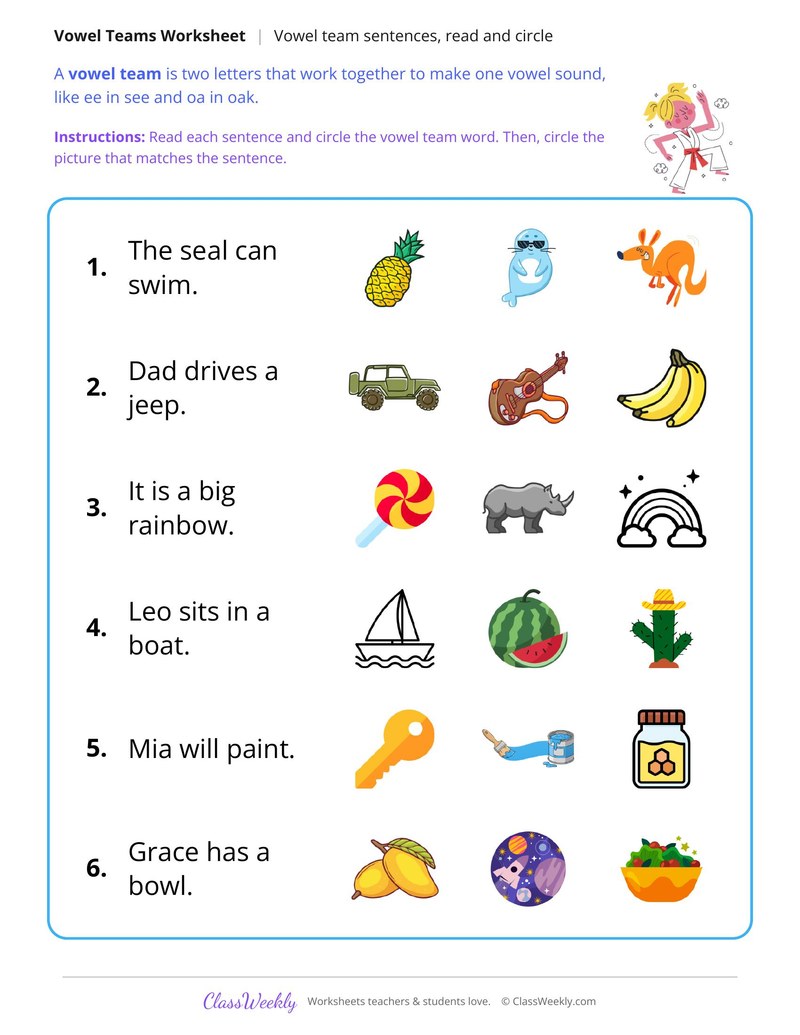 Vowel Team Sentences, Read and Circle