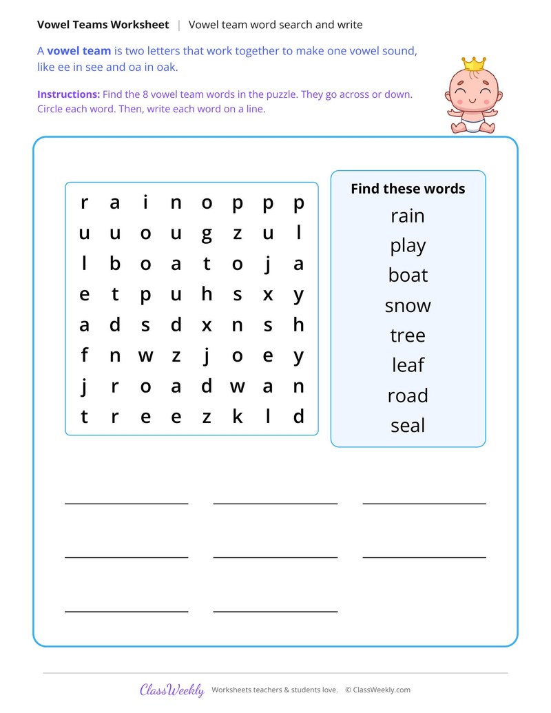 Vowel Team Word Search and Write