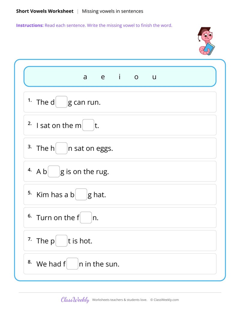 Missing vowels in CVC sentences