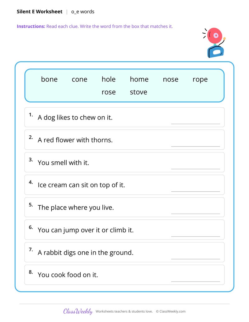 Silent e o_e words clues