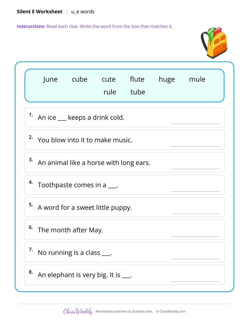 Silent e u_e words clues