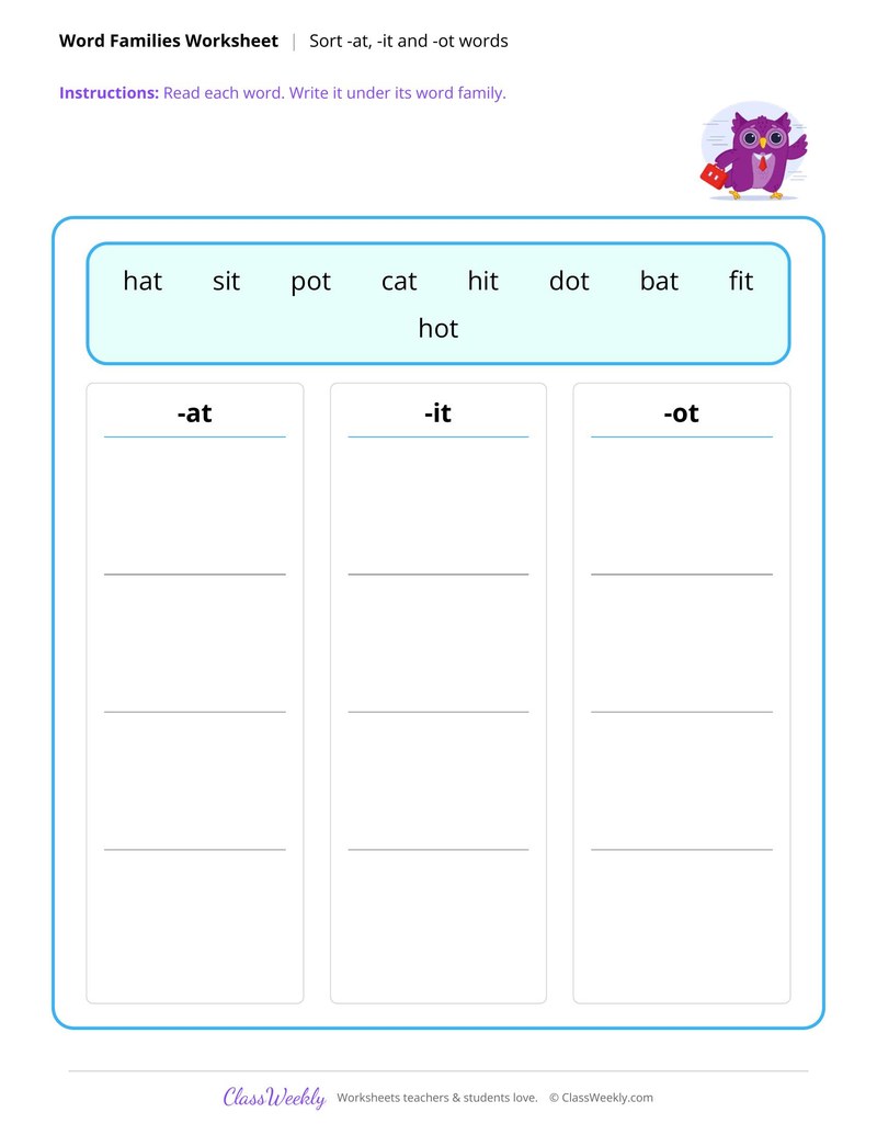 Sort -at, -it and -ot word families