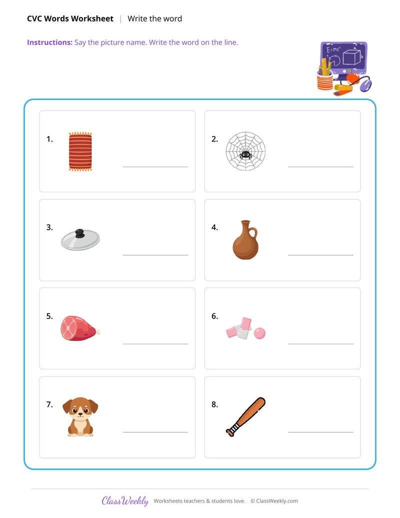 Write the CVC word for each picture
