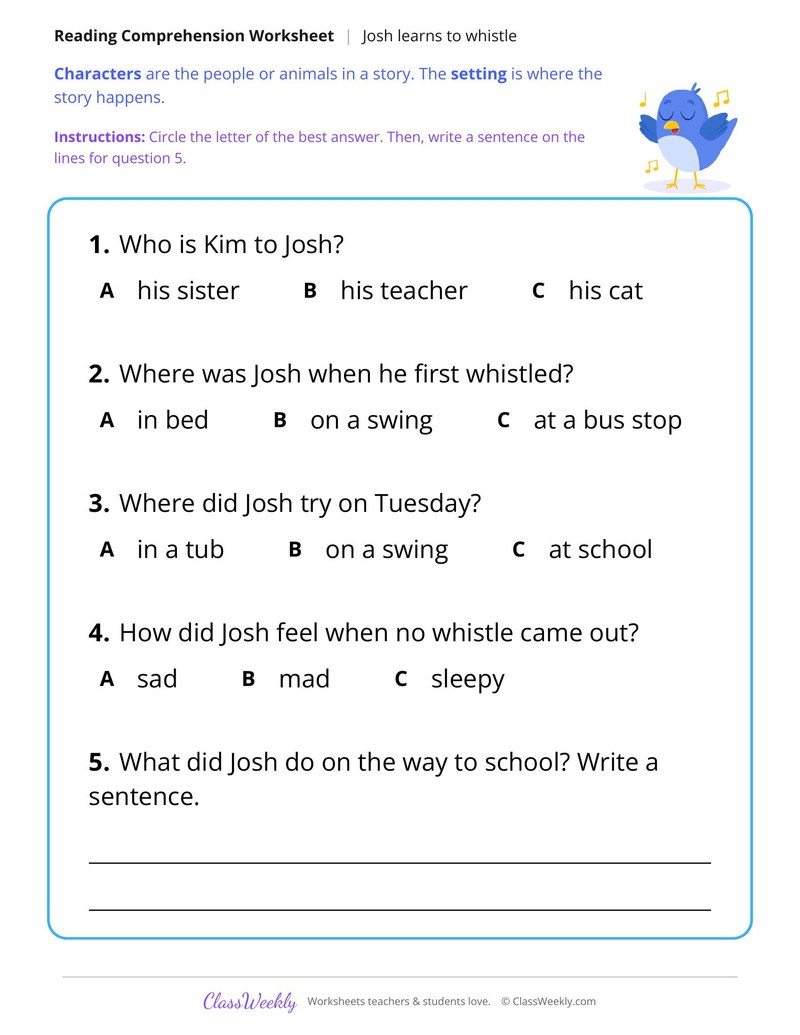 Josh Learns to Whistle (Fiction Passage)