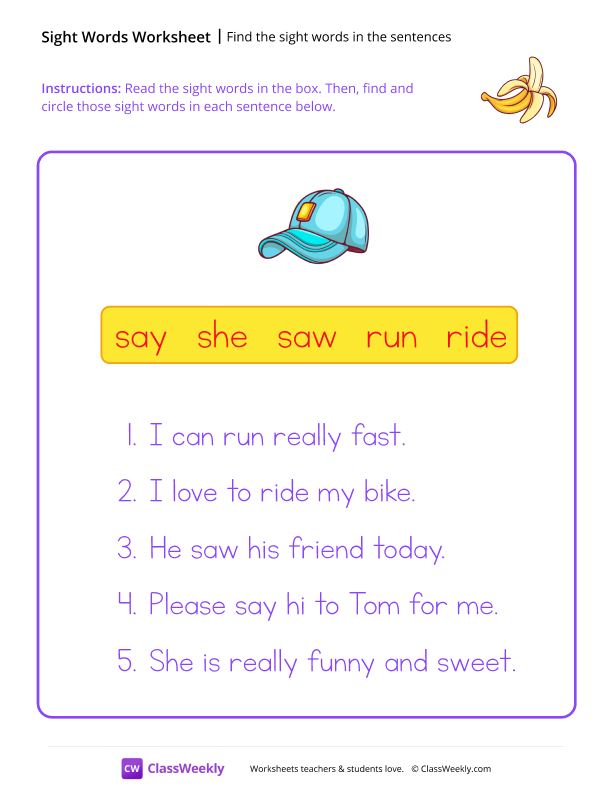 Find the sight words in the sentences - Banana - Page 1