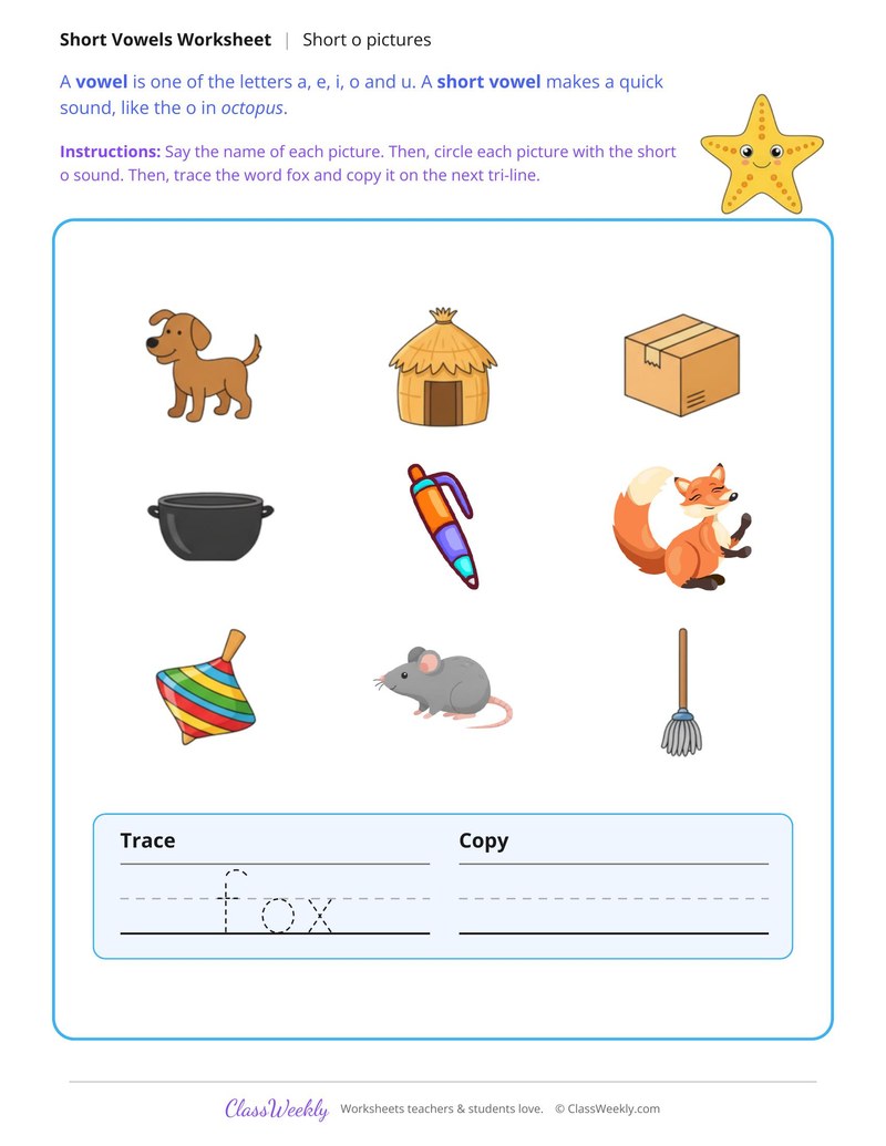 Short O Pictures, Circle and Write