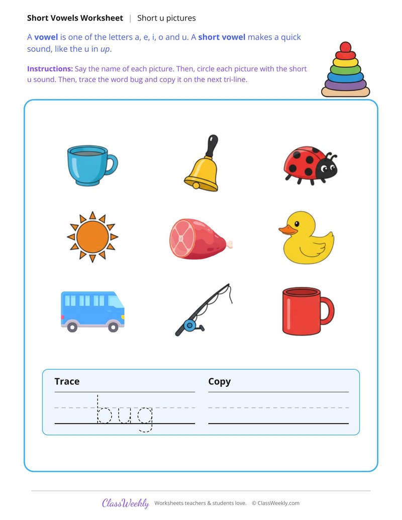 Short U Pictures, Circle and Write