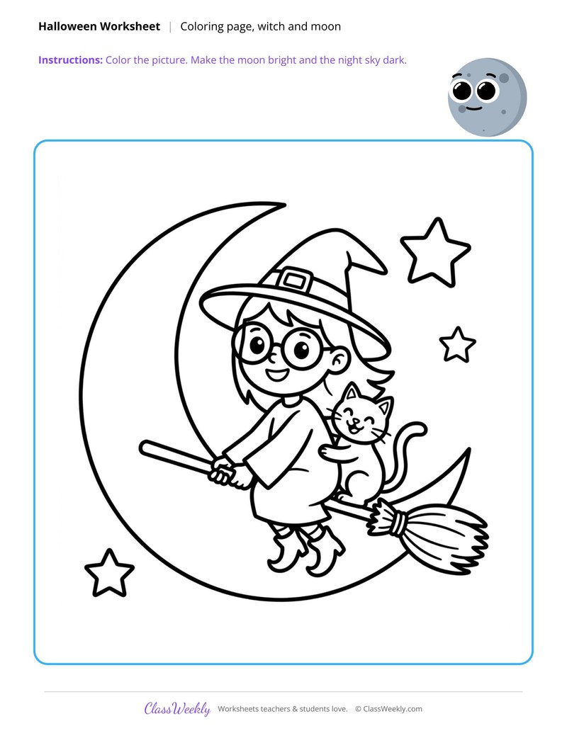 Witch and Moon Coloring Page