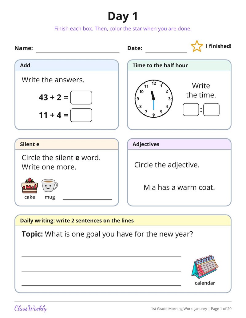 1st Grade Morning Work: January