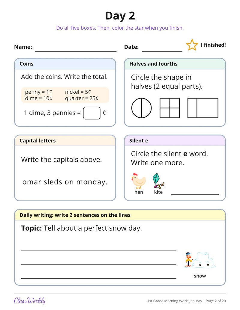 1st Grade Morning Work: January