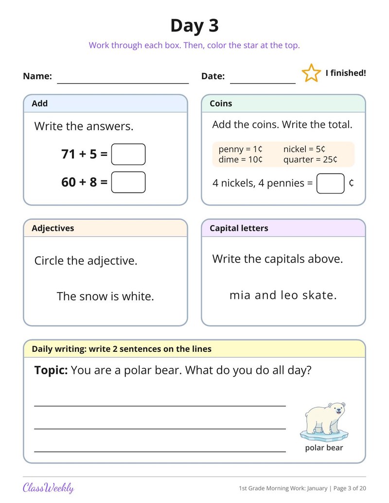 1st Grade Morning Work: January