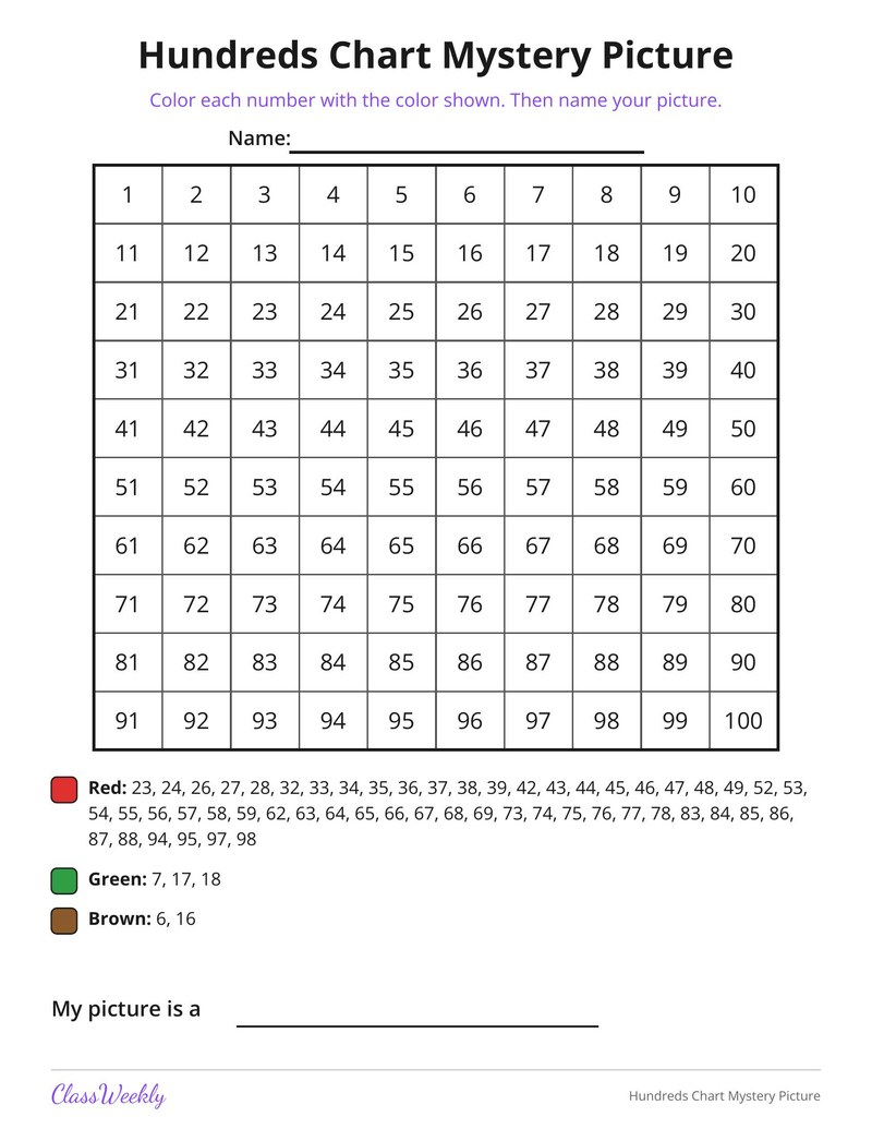 Hundreds Chart Mystery Picture: Apple
